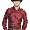 Camisa Vaquera Manga Larga Jacquard Estampada Cachemir Rojo/Azul Para Hombre 'Centenario' - ID: 43702