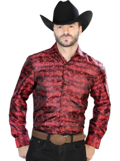 Camisa Vaquera Manga Larga Jacquard Estampada Cachemir Rojo/Azul Para Hombre 'Centenario' - ID: 43702
