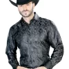 Camisa Vaquera Manga Larga Jacquard Estampada Cachemir Gris Oscuro Para Hombre 'Centenario' - ID: 43705