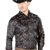 Camisa Vaquera Manga Larga Jacquard Estampada Floral Cafe Para Hombre 'Centenario' - ID: 43714