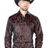 Camisa Vaquera Manga Larga Jacquard Estampada Floral Negro/Rojo Para Hombre 'Centenario' - ID: 43742