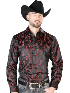 Camisa Vaquera Manga Larga Jacquard Estampada Floral Negro/Rojo Para Hombre 'Centenario' - ID: 43742