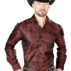 Camisa Vaquera Manga Larga Jacquard Estampada Cachemir Negro/Rojo Para Hombre 'Centenario' - ID: 43749