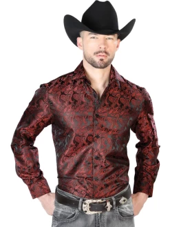 Camisa Vaquera Manga Larga Jacquard Estampada Cachemir Negro/Rojo Para Hombre 'Centenario' - ID: 43749