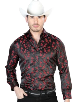 Camisa Vaquera Manga Larga Jacquard Estampada Floral Negro/Rojo Para Hombre 'Centenario' - ID: 43756