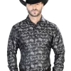 Camisa Vaquera Manga Larga Jacquard Estampada Cachemir Negro Para Hombre 'Centenario' - ID: 43758