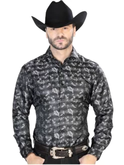Camisa Vaquera Manga Larga Jacquard Estampada Cachemir Negro Para Hombre 'Centenario' - ID: 43758