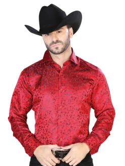 Camisa Vaquera Manga Larga Jacquard Estampada Floral Rojo/Azul Para Hombre 'Centenario' - ID: 43764