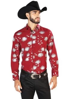 Camisa Vaquera Manga Larga Estampada Floral Rojo Para Hombre 'El Señor De Los Cielos' - ID: 43778