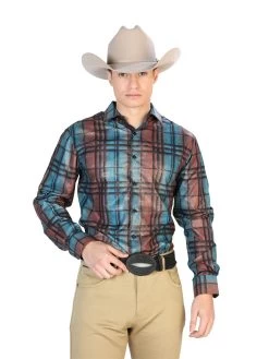Camisa Vaquera Manga Larga Estampada Cuadros Naranja/Azul Para Hombre 'El Señor De Los Cielos' - ID: 43780