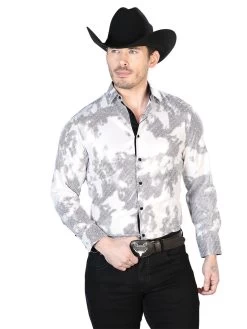 Camisa Vaquera Manga Larga Estampada Beige Para Hombre 'El Señor De Los Cielos' - ID: 43783