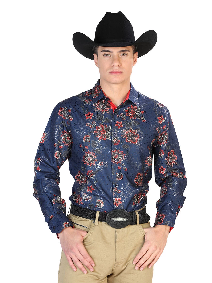 Camisa Vaquera Manga Larga Estampada Floral Azul Para Hombre 'El Señor De Los Cielos' - ID: 43808