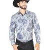 Camisa Vaquera Manga Larga Estampada Gris/Azul Para Hombre 'El Señor De Los Cielos' - ID: 43823