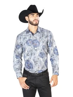 Camisa Vaquera Manga Larga Estampada Gris/Azul Para Hombre 'El Señor De Los Cielos' - ID: 43823