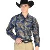 Camisa Vaquera Manga Larga Estampada Cachemir Azul/Multicolor Para Hombre 'El Señor De Los Cielos' - ID: 43827