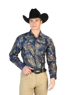 Camisa Vaquera Manga Larga Estampada Cachemir Azul/Multicolor Para Hombre 'El Señor De Los Cielos' - ID: 43827