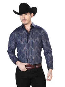 Camisa Vaquera Manga Larga Estampada Azul Marino Para Hombre 'El Señor De Los Cielos' - ID: 43834