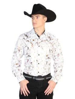 Camisa Vaquera Manga Larga Estampada Blanco Para Hombre 'El Señor De Los Cielos' - ID: 43876