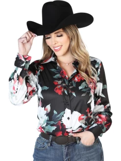 Camisa Vaquera Manga Larga Estampada Floral Negro/Blanco Flores Para Mujer 'El Señor De Los Cielos' - ID: 43893