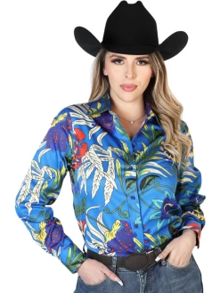 Camisa Vaquera Manga Larga Estampada Floral Azul Rey Para Mujer 'El Señor De Los Cielos' - ID: 43895