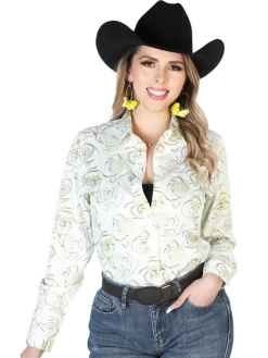 Camisa Vaquera Manga Larga Estampada Floral Marfil Para Mujer 'El Señor De Los Cielos' - ID: 43896