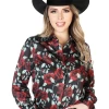 Camisa Vaquera Manga Larga Estampada Floral Negro/Rosas Rojas Para Mujer 'El Señor De Los Cielos' - ID: 43898