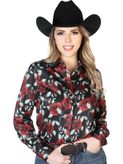 Camisa Vaquera Manga Larga Estampada Floral Negro/Rosas Rojas Para Mujer 'El Señor De Los Cielos' - ID: 43898