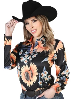Camisa Vaquera Manga Larga Estampada Negro/Girasoles Para Mujer 'El Señor De Los Cielos' - ID: 43900