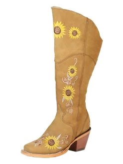 Botas Vaqueras Altas Con Tubo Bordado De Girasoles De Piel Nobuck Para Mujer 'El General' - ID: 43916