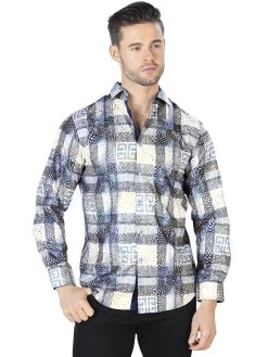 Camisa Casual Manga Larga Estampada Negro/Azul Para Hombre 'El Señor De Los Cielos' - ID: 44009