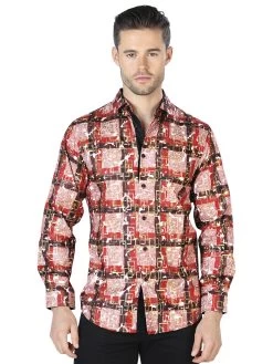Camisa Casual Manga Larga Estampada Rojo/Oro Para Hombre 'El Señor De Los Cielos' - ID: 44011
