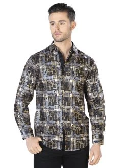Camisa Casual Manga Larga Estampada Negro/Oro Para Hombre 'El Señor De Los Cielos' - ID: 44013