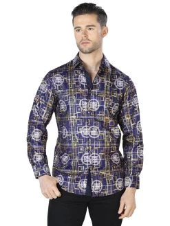 Camisa Casual Manga Larga Estampada Marino/Oro Para Hombre 'El Señor De Los Cielos' - ID: 44014