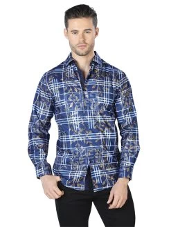 Camisa Casual Manga Larga Estampada Azul/Oro Para Hombre 'El Señor De Los Cielos' - ID: 44020