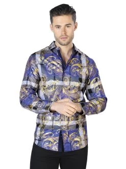Camisa Casual Manga Larga Estampada Azul/Oro Para Hombre 'El Señor De Los Cielos' - ID: 44023