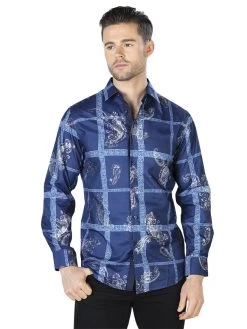 Camisa Casual Manga Larga Estampada Marino/Plata Para Hombre 'El Señor De Los Cielos' - ID: 44026
