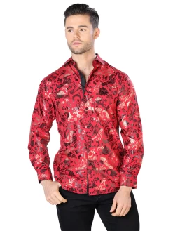 Camisa Casual Manga Larga Estampada Rojo/Oro Para Hombre 'El Señor De Los Cielos' - ID: 44031