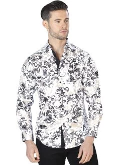 Camisa Casual Manga Larga Estampada Blanco Hueso/Oro Para Hombre 'El Señor De Los Cielos' - ID: 44033