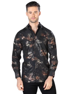 Camisa Casual Manga Larga Estampada Negro/Oro Para Hombre 'El Señor De Los Cielos' - ID: 44035