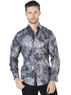 Camisa Casual Manga Larga Estampada Marino/Oro Para Hombre 'El Señor De Los Cielos' - ID: 44038