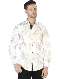 Camisa Casual Manga Larga Estampada Oro/Blanco Hueso Para Hombre 'El Señor De Los Cielos' - ID: 44041