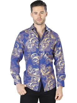 Camisa Casual Manga Larga Estampada Azul/Oro Para Hombre 'El Señor De Los Cielos' - ID: 44042