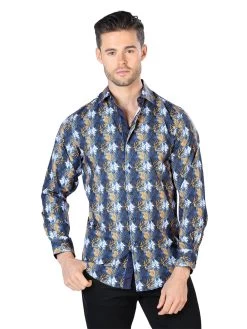 Camisa Casual Manga Larga Estampada Azul Para Hombre 'El Señor De Los Cielos' - ID: 44046