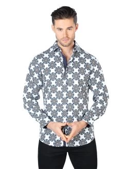 Camisa Casual Manga Larga Estampada Blanco/Negro Para Hombre 'El Señor De Los Cielos' - ID: 44048