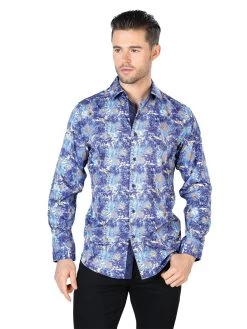 Camisa Casual Manga Larga Estampada Azul Para Hombre 'El Señor De Los Cielos' - ID: 44050