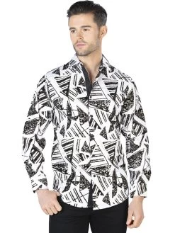 Camisa Casual Manga Larga Estampada Blanco/Negro Para Hombre 'El Señor De Los Cielos' - ID: 44053