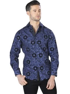 Camisa Casual Manga Larga Estampada Azul/Negro Para Hombre 'El Señor De Los Cielos' - ID: 44057