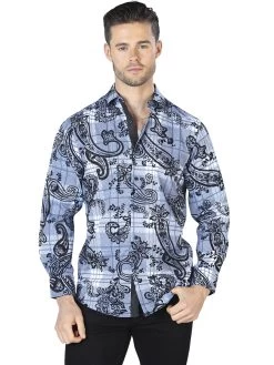 Camisa Casual Manga Larga Estampada Azul/Negro Para Hombre 'El Señor De Los Cielos' - ID: 44058