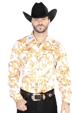 Camisa Vaquera Manga Larga Estampada Cachemir Blanco Hueso Para Hombre 'El Señor De Los Cielos' - ID: 44060