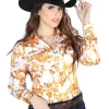 Camisa Vaquera Manga Larga Estampada Floral Blanco Hueso/Oro Para Mujer 'El Señor De Los Cielos' - ID: 44062
